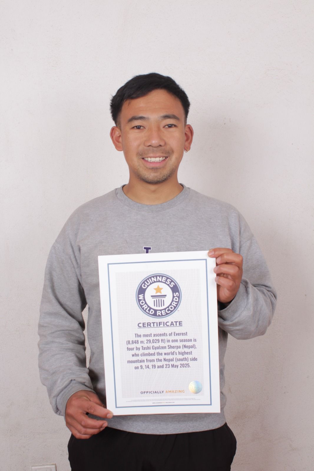 Guinness World Records officially recognizes Tashi Gyalzen Sherpa's four Everest summits in 15 days